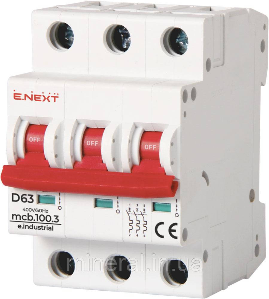 Модульний автоматичний вимикач e.industrial.mcb.100.3.D.63. 3р. 63А. D. 10кА, E.NEXT (i0200009)