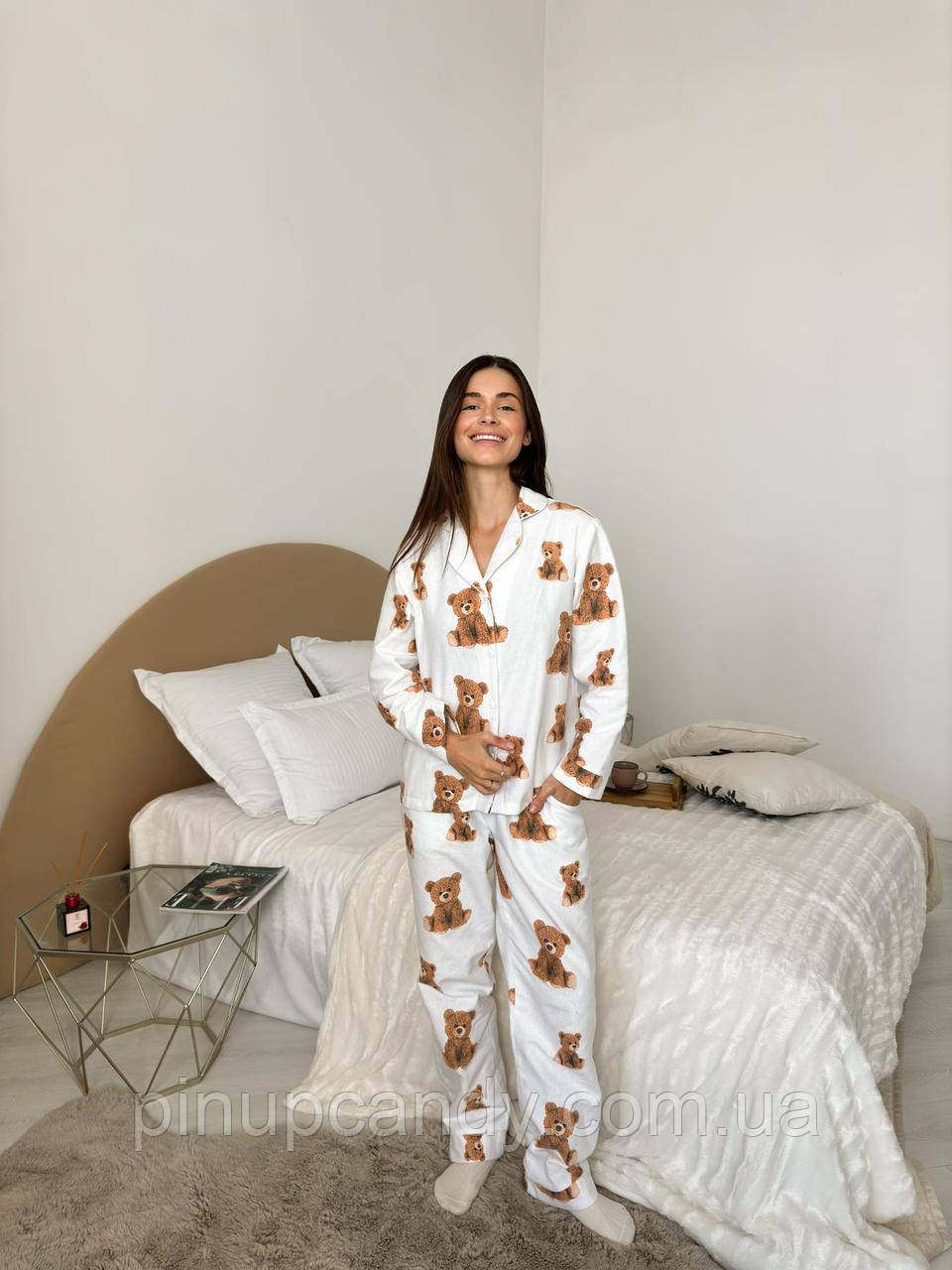 Жіноча піжама з м’якої фланелі COSY принт Ведмедики Тедді молочна S, фото 1