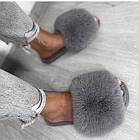 Жіночі домашні капці Пухнастики з еко-хутра Сірий 40