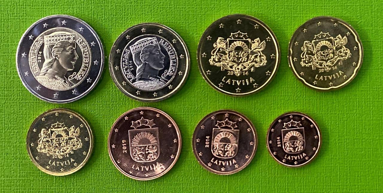 Набір монет Латвії 1+2+5+10+20+50 цент 1+2 євро, фото 1