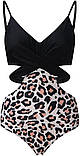 Жіночий суцільний чорний купальник з леопардовим низом ліф з вкладишами, фото 3