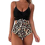 Жіночий суцільний чорний купальник з леопардовим низом ліф з вкладишами, фото 2