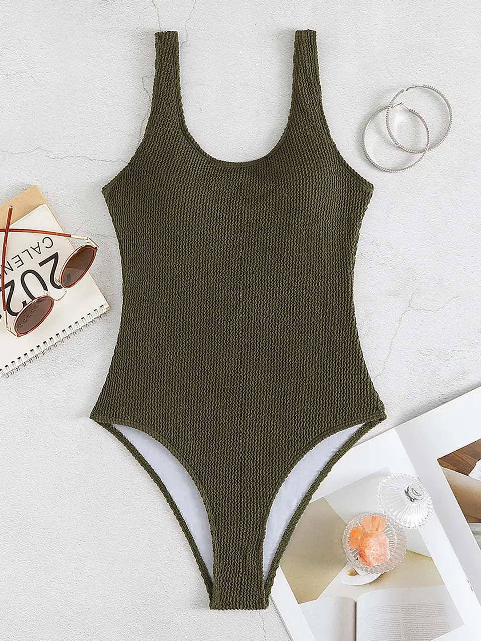Жіночий пляжний купальник з відкритою спиною кольору хакі, фото 1