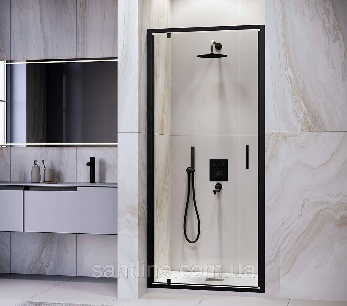 Душові двері в нішу 80х195 см Dusel FА-518 Black Matt розпаші скло прозоре 6мм, фото 1