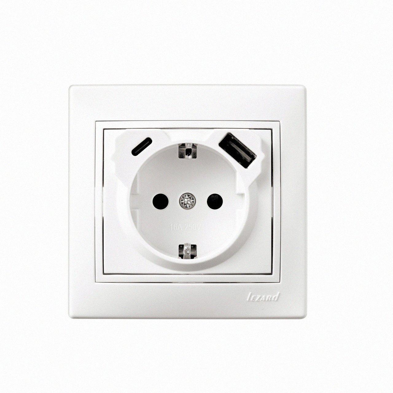 Розетка одинарна з/с з USB+TC біла MIRA 701-0202-181TC(Type C) LEZARD, фото 1
