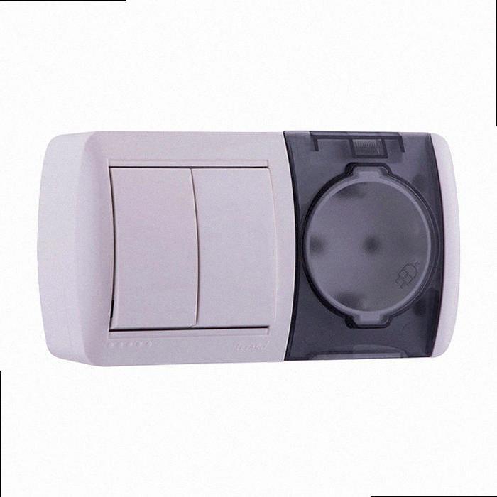 Вимикач 2 кл. і розетка з/з, з кришкою, білий, горизонталь (10 шт./120 шт.) 710-0200-171, фото 1