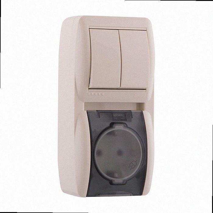 Вимикач i розетка 2-х к. с./з, з кришкою, крем, вертикаль (10 шт./120 шт.) 710-0300-173, фото 1