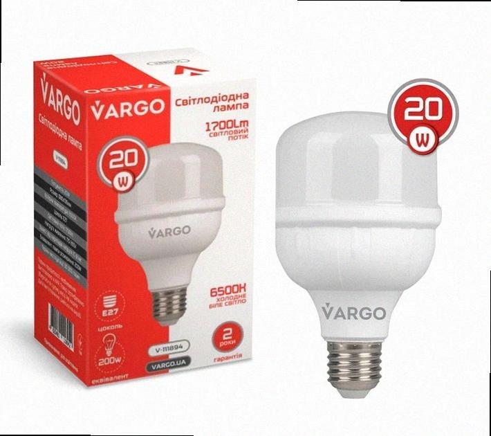 Лампа LED 20W E27 6500K 80*136мм 220V (V-111894) 111894 VARGO, фото 1