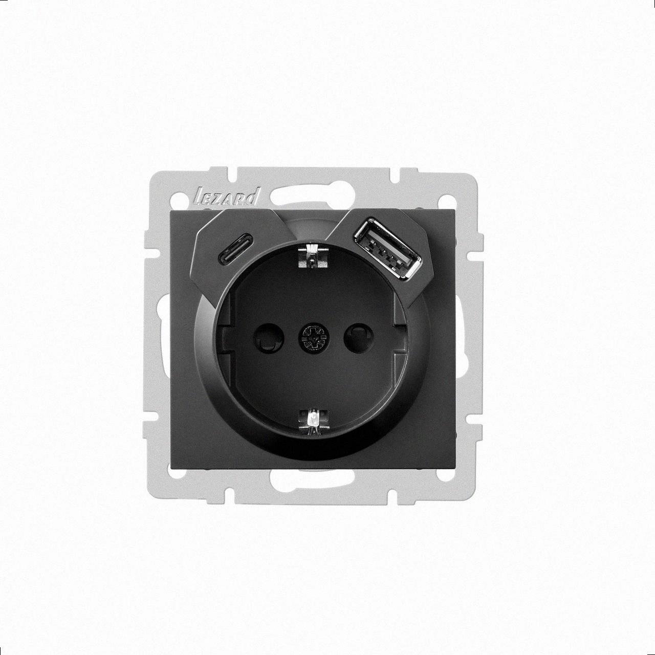 Розетка одинарна з/с з USB+TC антрацит RAIN 703-4288-181TC LEZARD, фото 1