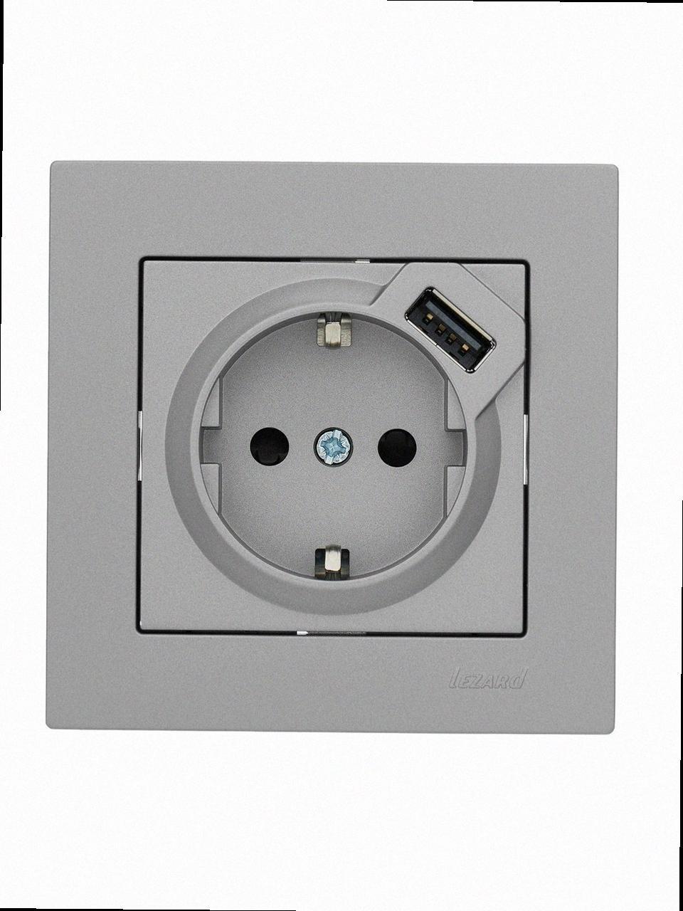 Розетка USB + с/з VESNA сіра (10шт/120шт) (без рамки) 742-3588-181 LEZARD, фото 1