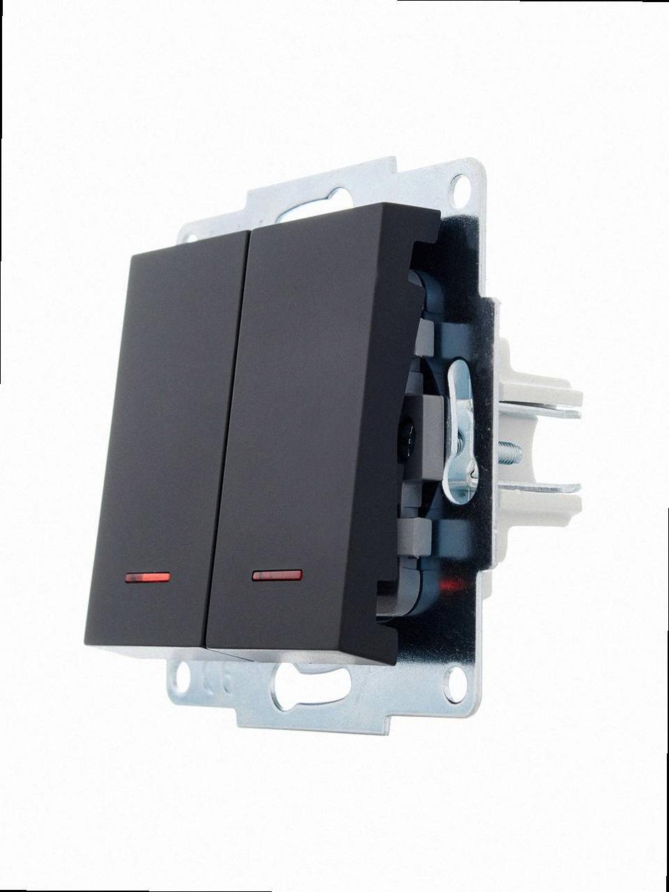 Подвійний Вимикач з підсвічуванням VESNA чорний (10шт/120шт) 742-4288-112 LEZARD, фото 1