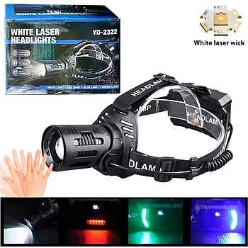 Ліхтар налобний CARBON BL-2322-TG+3LED (white+red+blue+green), Motion Sensor, 3x18650, ЗП Type-C, zoo