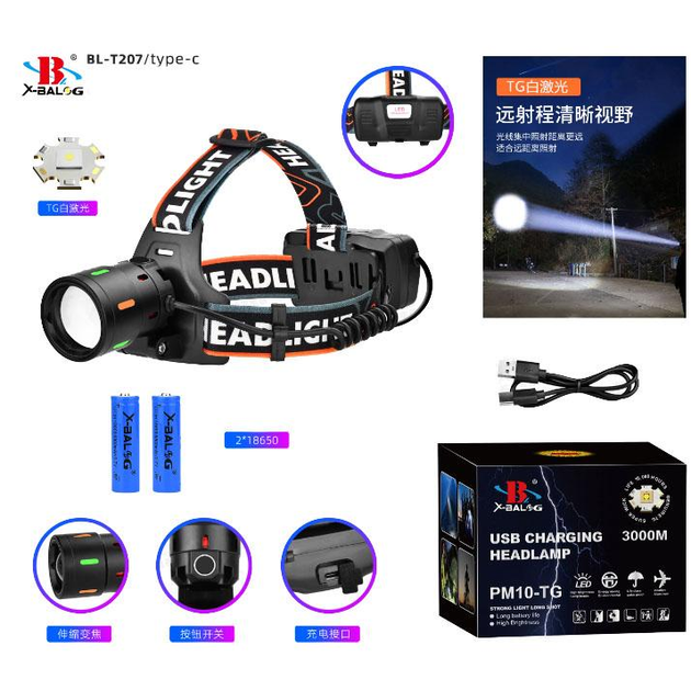 Фонарь налобный NIGHT VISION FLUORESCENCE BL-T207-TG, 2x18650, 1 режим, ЗУ Type-C, zoom