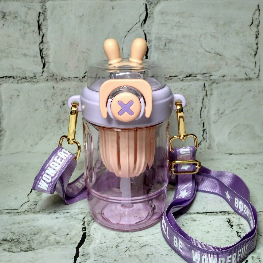 Стакан для води дитячий з трубочкою та ремінцем Bunny 450 мл 12х8 см Бузковий SL-7139-S