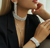 Вечірній комплект прикрас зі стразів: намисто, сережки, браслет "Denisty" набір — сріблястий Aushal Jewellery