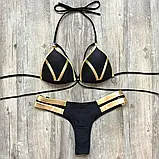 Роздільний пляжний купальник чорного кольору із золотими вставками, фото 3
