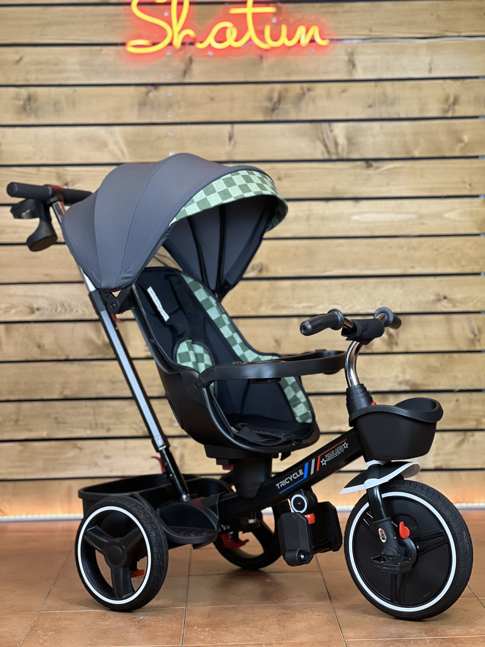 Велосипед з батьківською ручкою дитячий велосипед коляска 12"/10" Haolaifu Sport 12 чорно-зелений