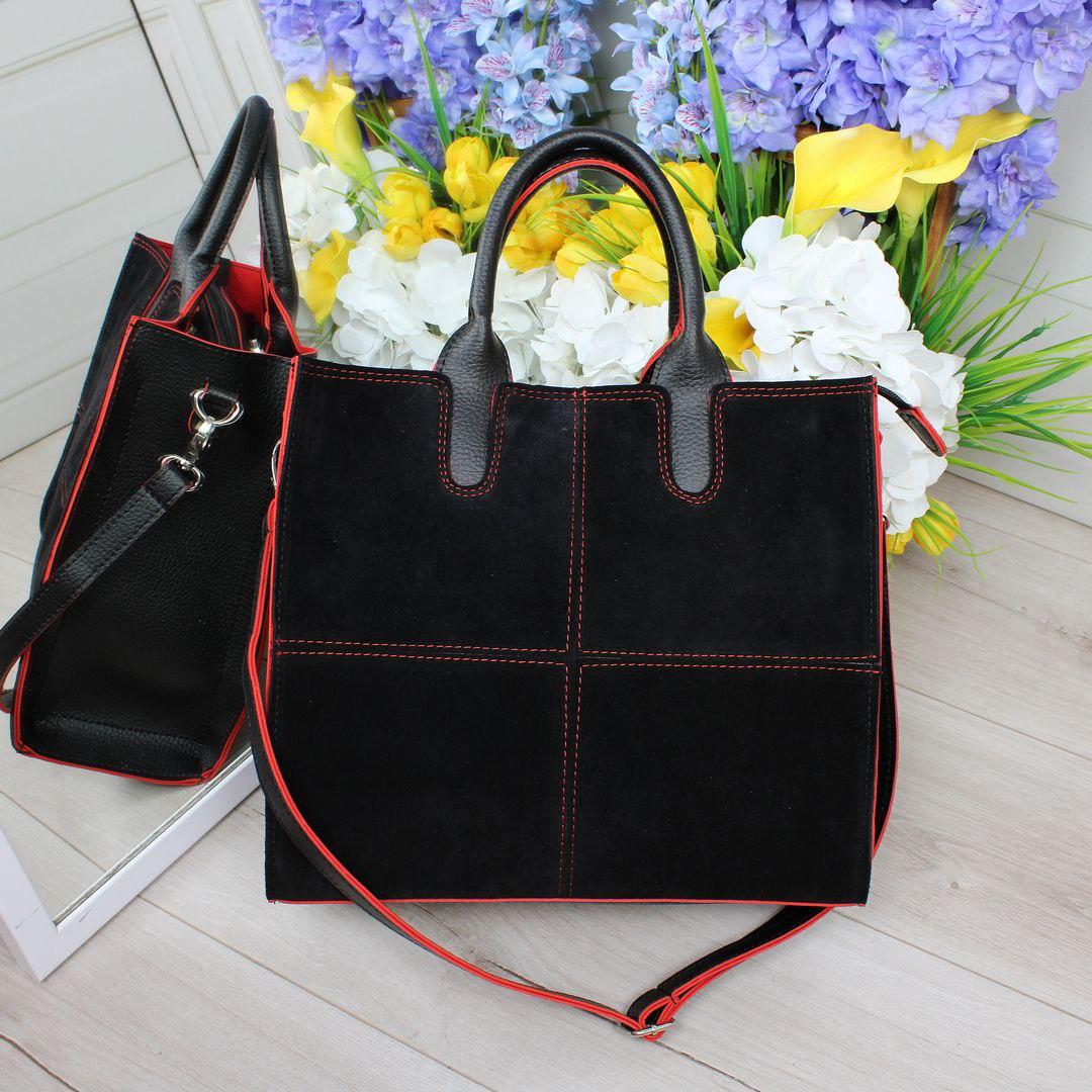 Жіноча сумка-шопер квадратна чорна з червоним натуральна замша+шкірзам