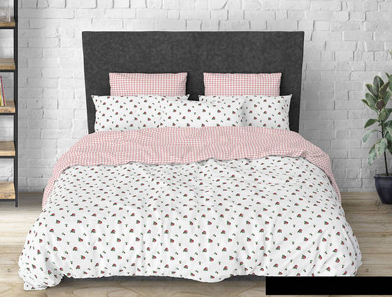 Комбінована двоспальна світла постільна білизна з простирадлом на гумці 180*220 з Бязі Gold у квіточку, Черешенька, фото 1