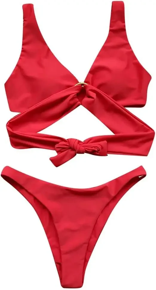 Червоний жіночий ліф купальник з вкладишами на зав'язці спереду з кільцем, фото 1