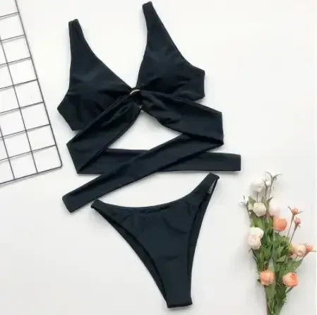 Чорний роздільний купальник трусики та ліф топ на зав'язках, фото 1