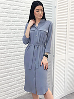 Женское платье ниже колена под пояс серого цвета
