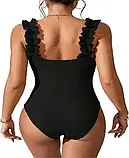 Закритий жіночий купальник чорного кольору з рюшами на бретелях, фото 3