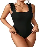 Закритий жіночий купальник чорного кольору з рюшами на бретелях, фото 5