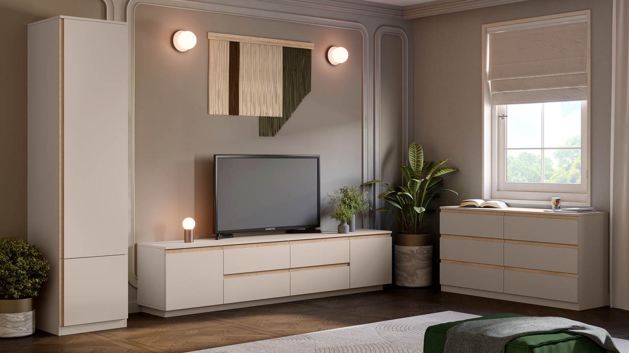 Світла набірна модульна стінка під телевізор з комодом у сучасному стилі у вітальню зал Фріда Світ Меблів