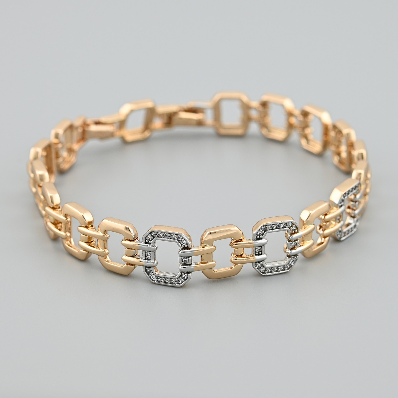 Браслет з родіюванням Темпераментність 49176 ширина 10 мм білі фіаніти позолота 18К довжина 17+2, фото 1