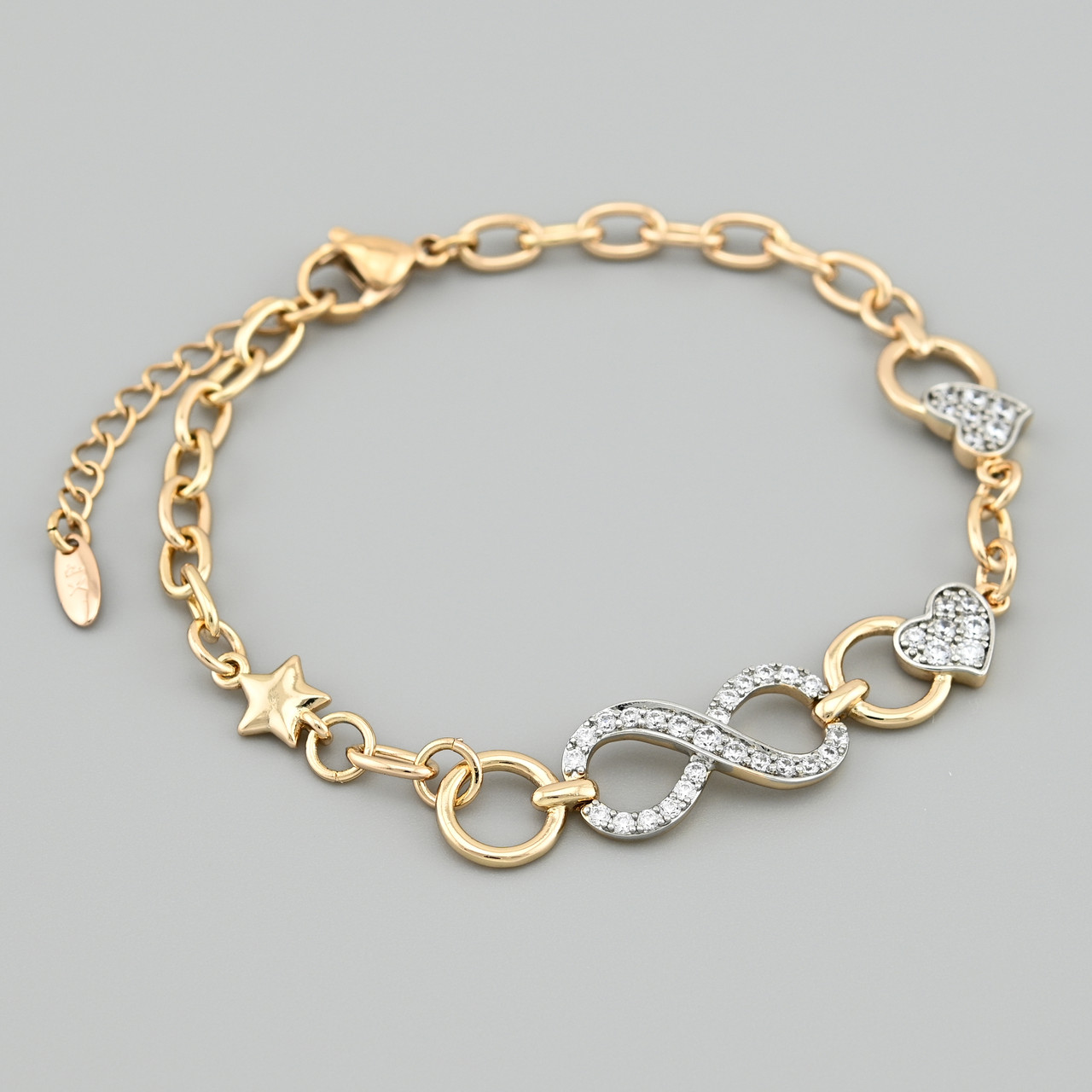 Браслет з родіюванням Нескінченність 49158 ширина 4 мм білі фіаніти позолота 18К довжина 18+3, фото 1