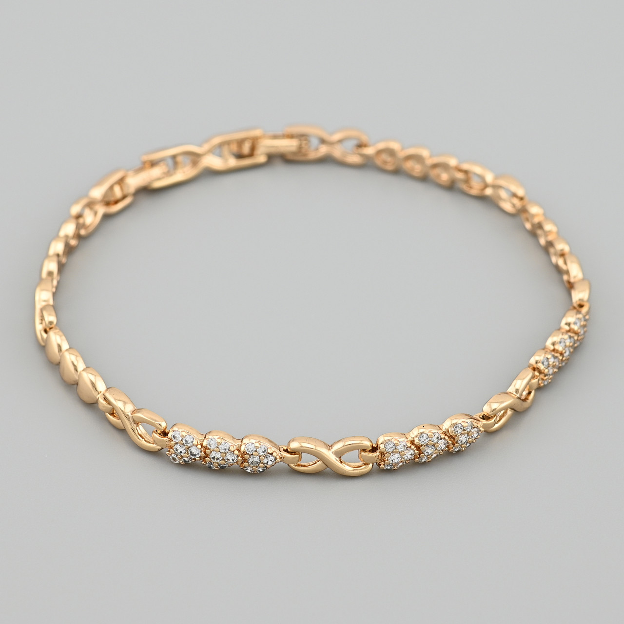 Браслет Три серця 48925 ширина 4 мм білі фіаніти позолота 18К довжина 17+2, фото 1