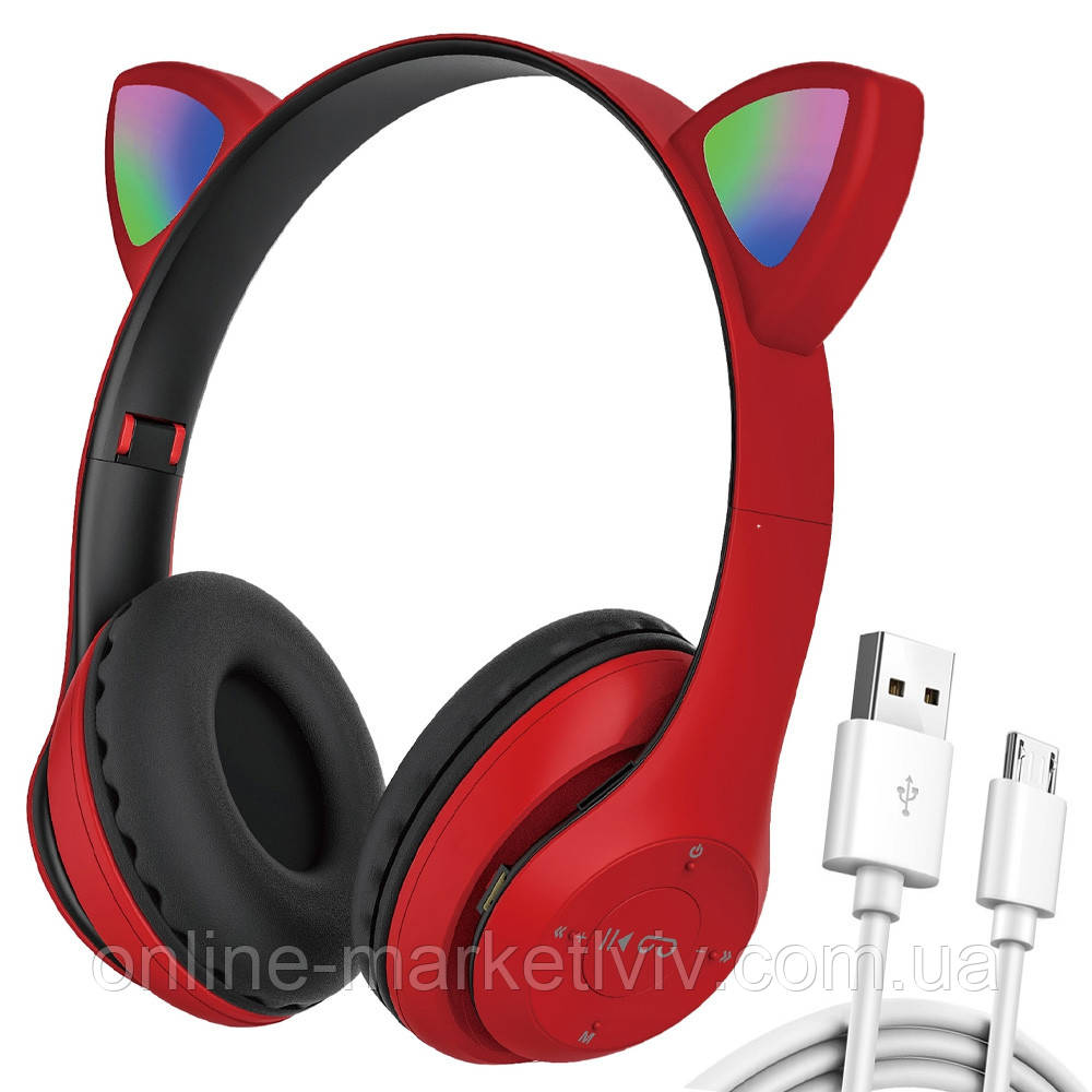 Бездротові навушники з вушками та підсвіткою, Bluetooth, CAT ST71M, Червоний / Дитячі блютуз навушники