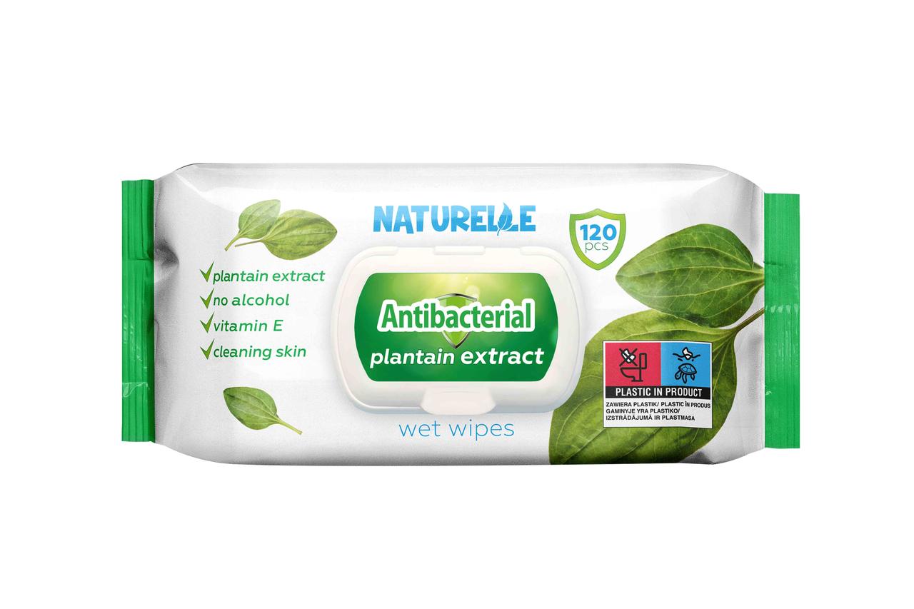 Вологі серветки “Naturelle” Antibacterial, з екстрактом листя подорожника, 120 шт