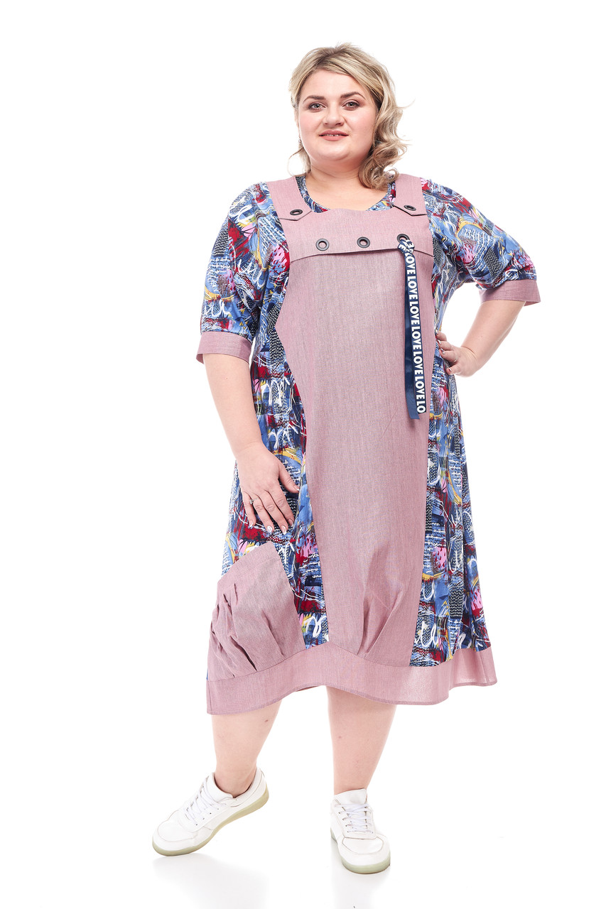 Льняна комбінована сукня "Колаж" із вставками з олії 62-64; 66-68