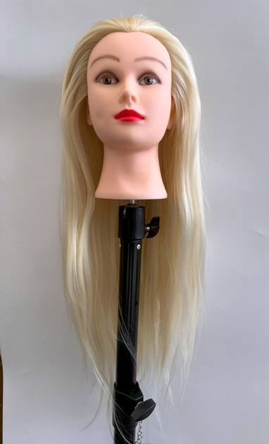 Навчальна голова-манекен для перукарів 60 см – натуральне волосся, з кріпленням, фото 1