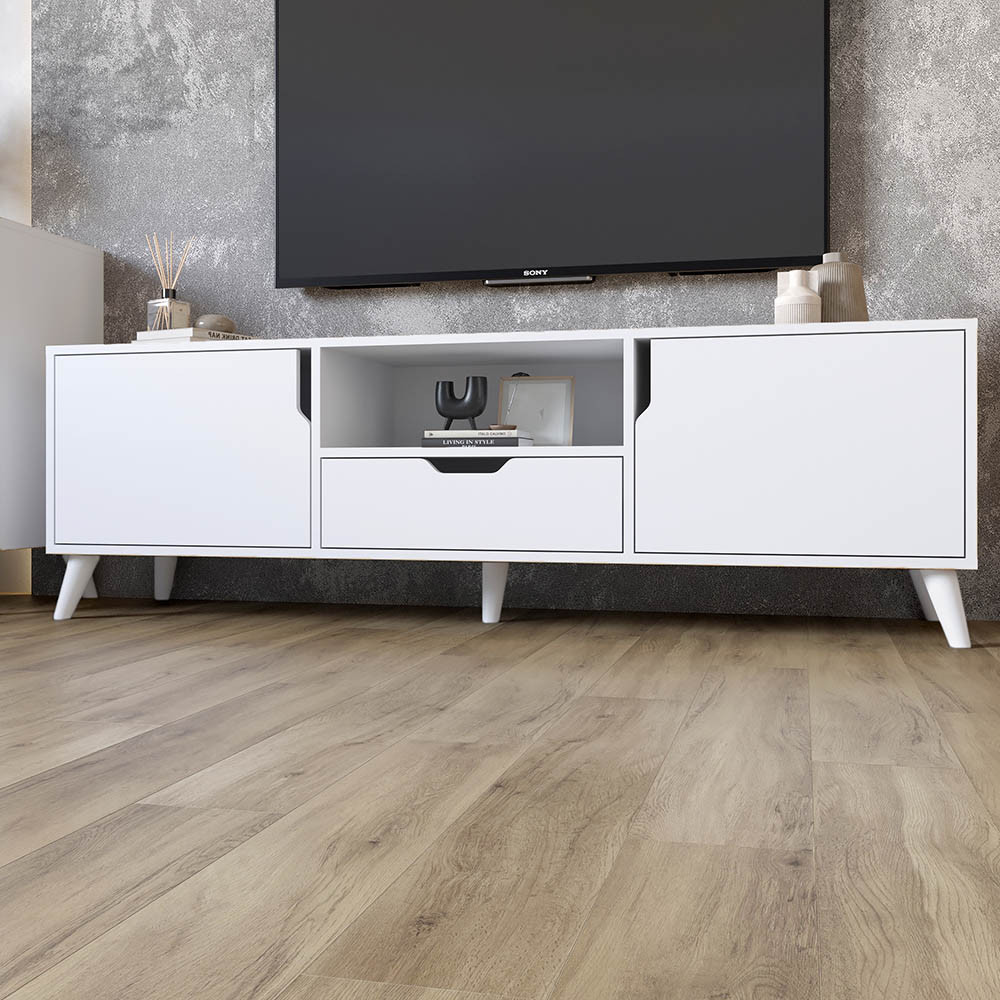 Тумба під телевізор з білими ніжками М-ЗОН Борн 1600 Німфея Альба (білий) (MZN-031099)