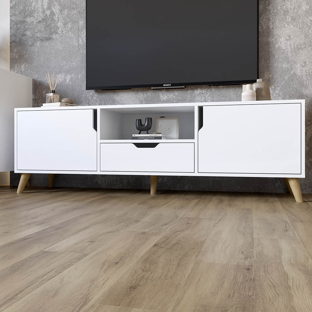 Тумба під телевізор з ніжками в кольорі Горіх світлий М-ЗОН Борн 1600 Німфея Альба (білий) (MZN-031087)