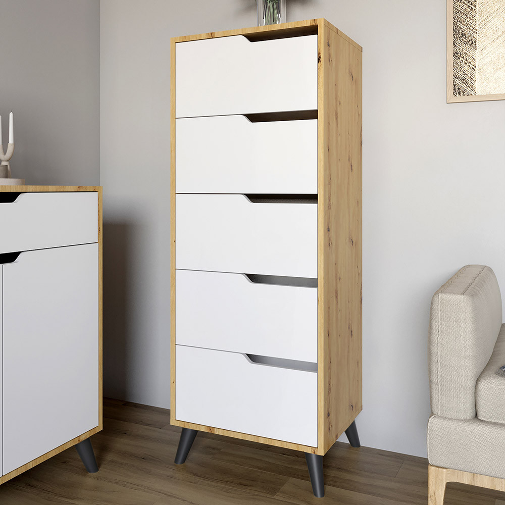 Комод високий з чорними ніжками 5 ящиків М-ЗОН Борн 500 Дуб Артизан/Німфея Альба (білий) (MZN-031104)