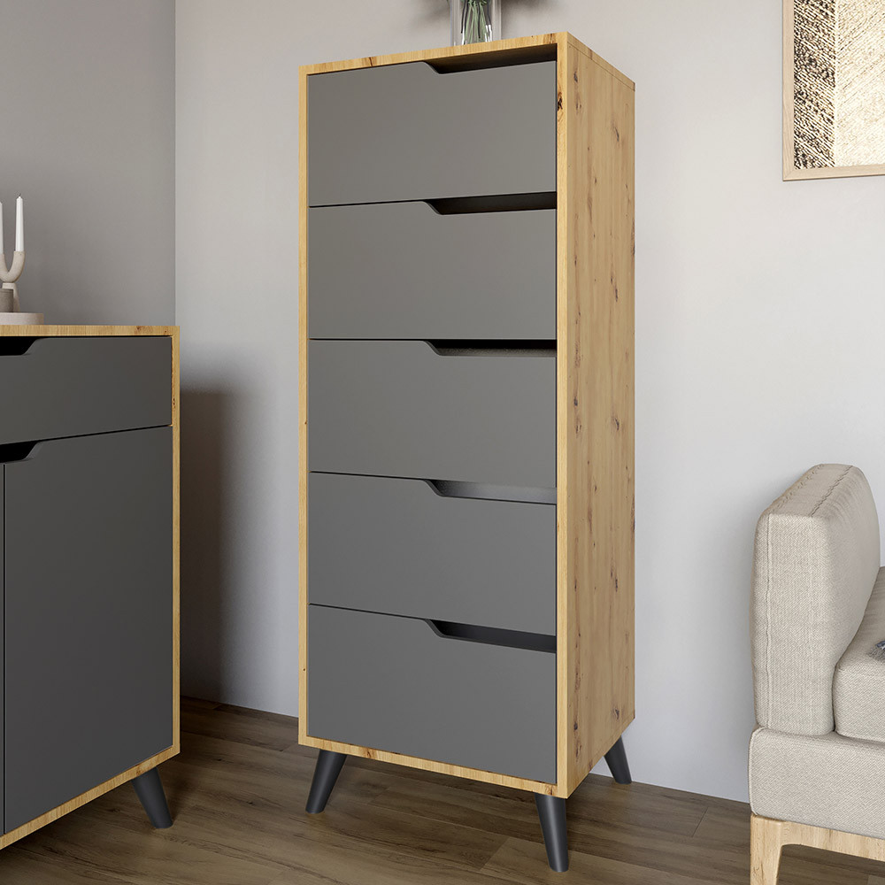 Комод високий з чорними ніжками 5 ящиків М-ЗОН Борн 500 Дуб Артизан/Антрацит (MZN-031101)
