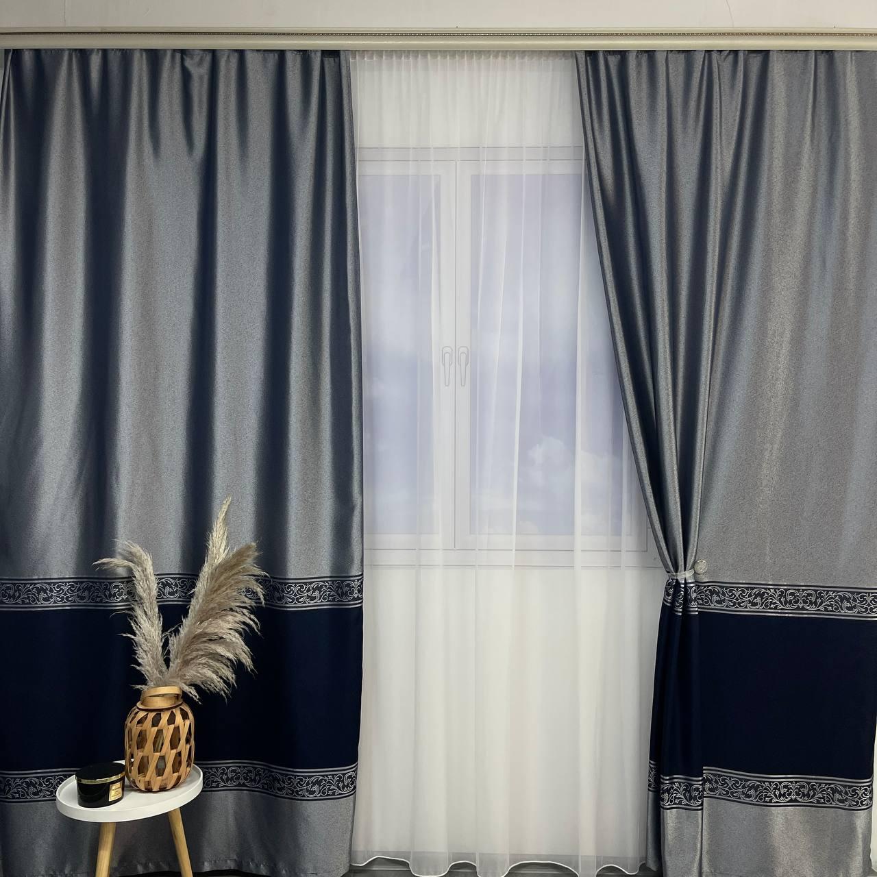 Штори з жакард, сучасні штори в спальню Сіро-сині з тюлем (SHTN-K7-6), фото 1