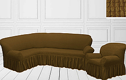 Натяжний чохол на кутовий диван + крісло/Чохол на диван універсальний Туреччина капучіно бордо