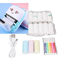 Термопринтер миттєвого друку з набором паперу, портативний міні принтер етикеток блакитний Mini Printer Котик