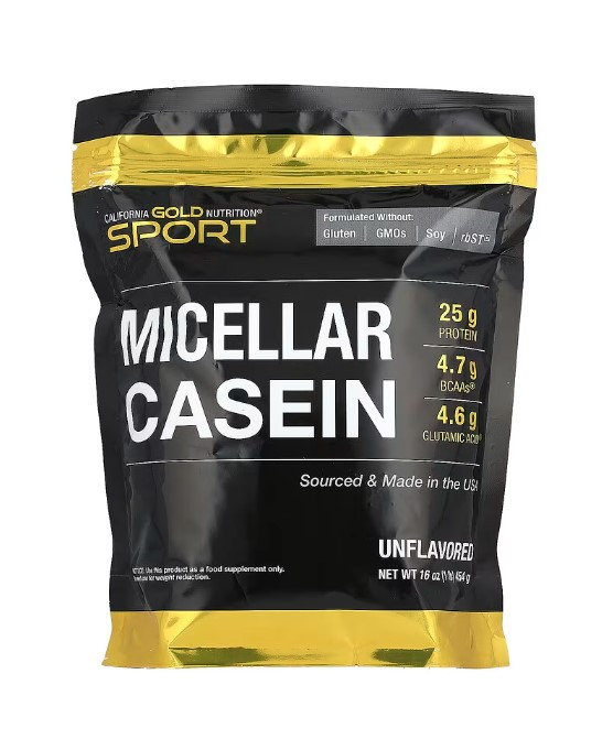 California Gold Nutrition, Sport, міцелярний казеїн, без ароматизаторів, повільне засвоєння, 454 г, фото 1