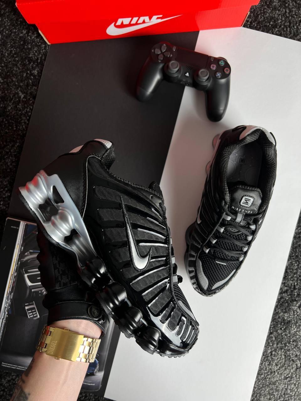 Чоловічі шкіряні текстиль кросівки Nike Shox TL Black Silver, кеди Найк чорні шкіра текстиль. Чоловіче взуття