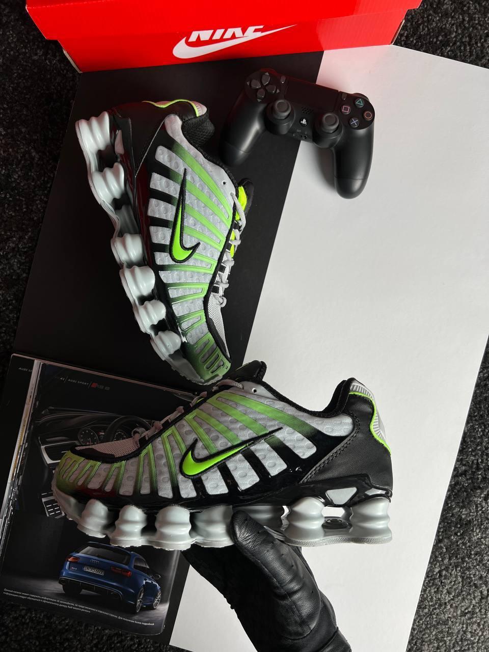 Чоловічі шкіряні текстиль кросівки Nike Shox TL White Black Green, кеди Найк шкіра текстиль. Чоловіче взуття