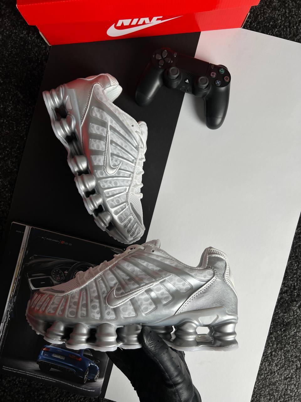 Чоловічі шкіряні текстиль кросівки Nike Shox TL White Silver, кеди Найк срібні шкіра текстиль Чоловіче взуття