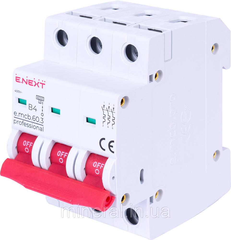 Модульний автоматичний вимикач e.mcb.pro.60.3.B 4 new. 3р. 4А. В. 6кА. new, E.NEXT (p041038)