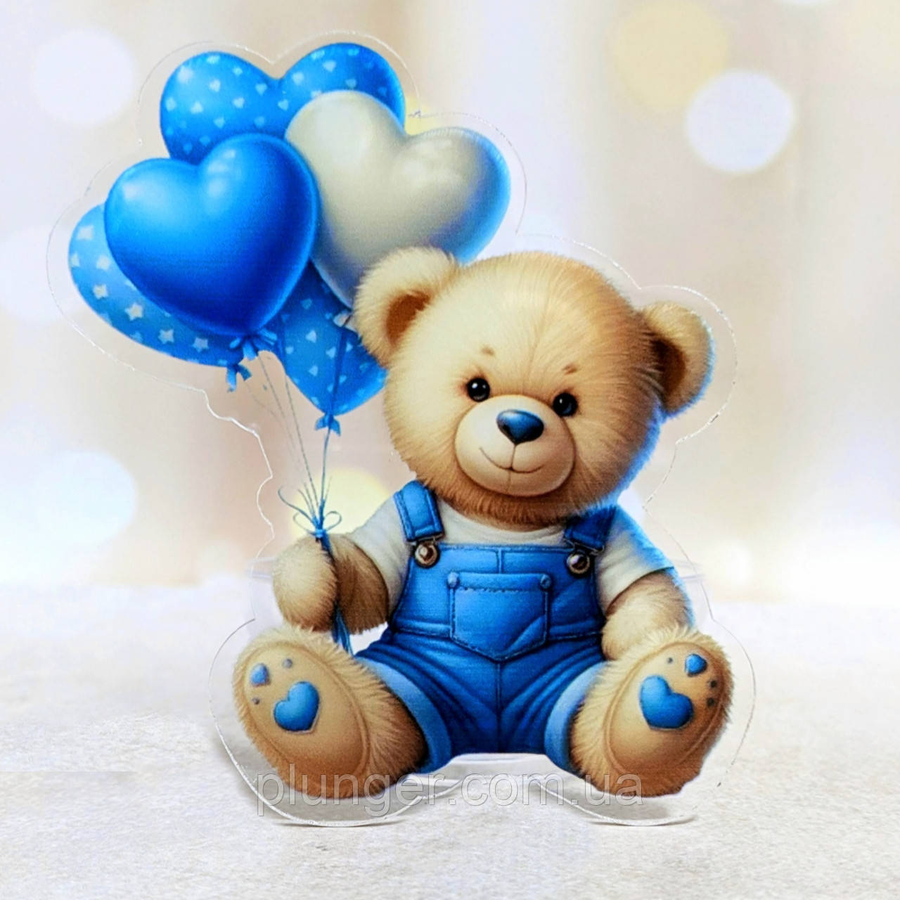 Топер акриловий прозорий з принтом Ведмедик з кульками-серцями, фото 1