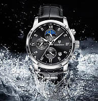 Кварцовий годинник чоловічий круглий тонкий циферблат з хронографом та фазами місяця на металевому корпусі